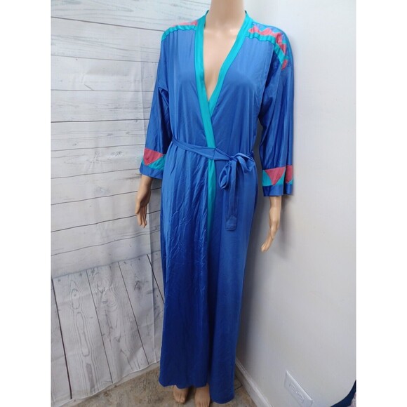 Vtg Henson Kickernick Long  Colorblock Blue Green Satin Robe Belted Sz M - Picture 1 of 11